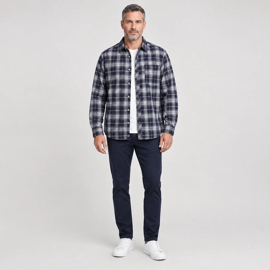 Delvano Plaid Flannel Shirt — Navy Blue Grid (apparel front)