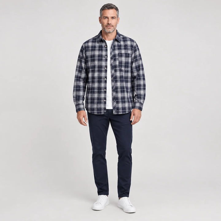 Delvano Plaid Flannel Shirt — Navy Blue Grid (apparel front)
