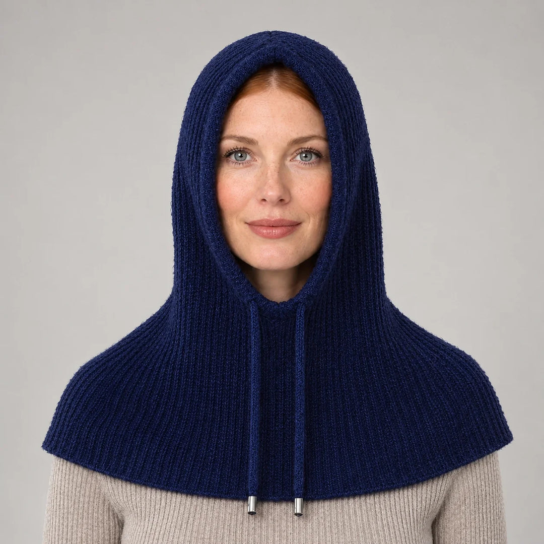 Brynn Wool Blend Balaclava Hood — Navy Blue (headwear model front)