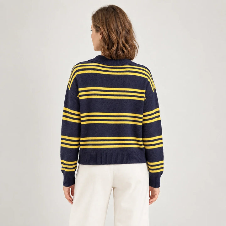 Pelara Striped Polo Sweater — Navy & Yellow Stripe (apparel back)