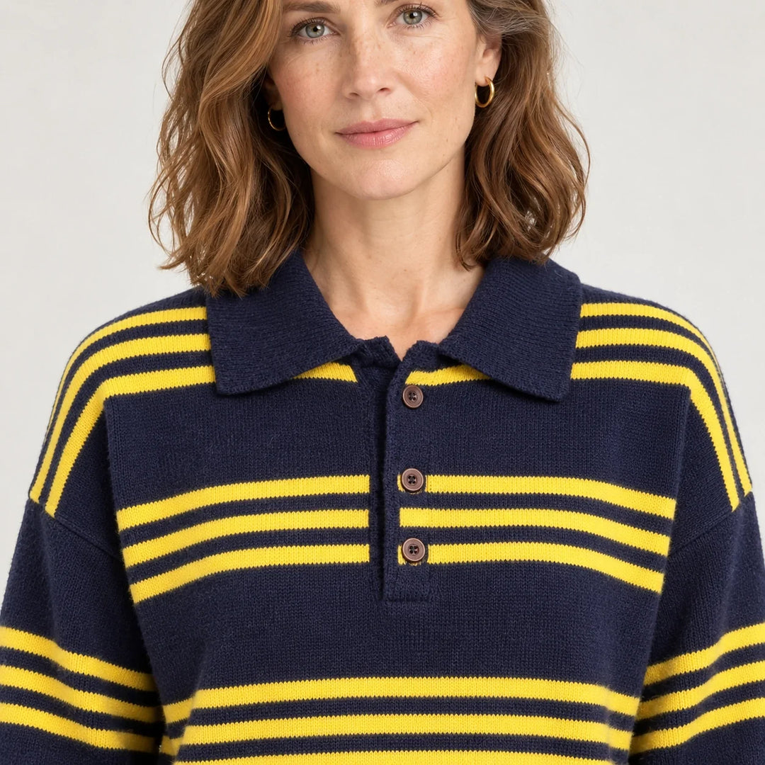 Pelara Striped Polo Sweater — Navy & Yellow Stripe (apparel detail)