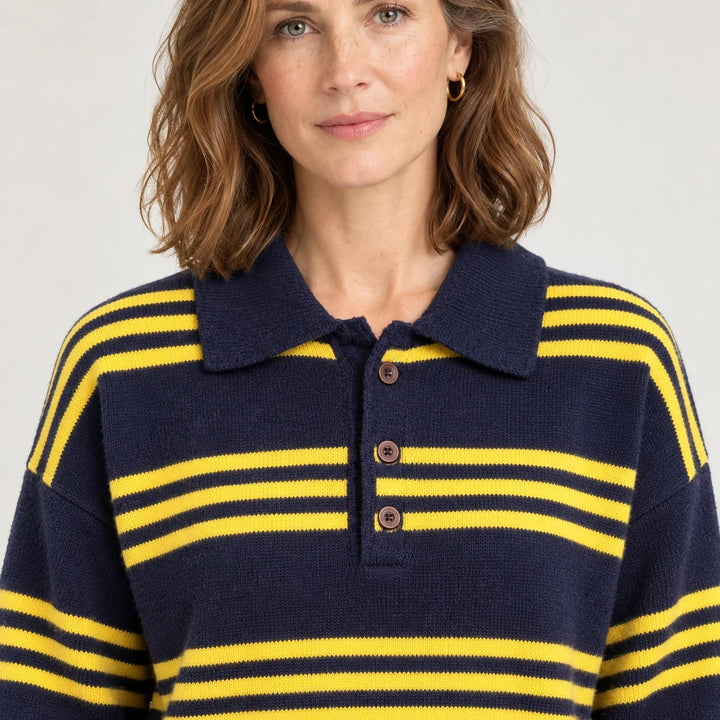 Pelara Striped Polo Sweater — Navy & Yellow Stripe (apparel detail)