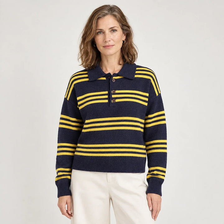 Pelara Striped Polo Sweater — Navy & Yellow Stripe (apparel front)