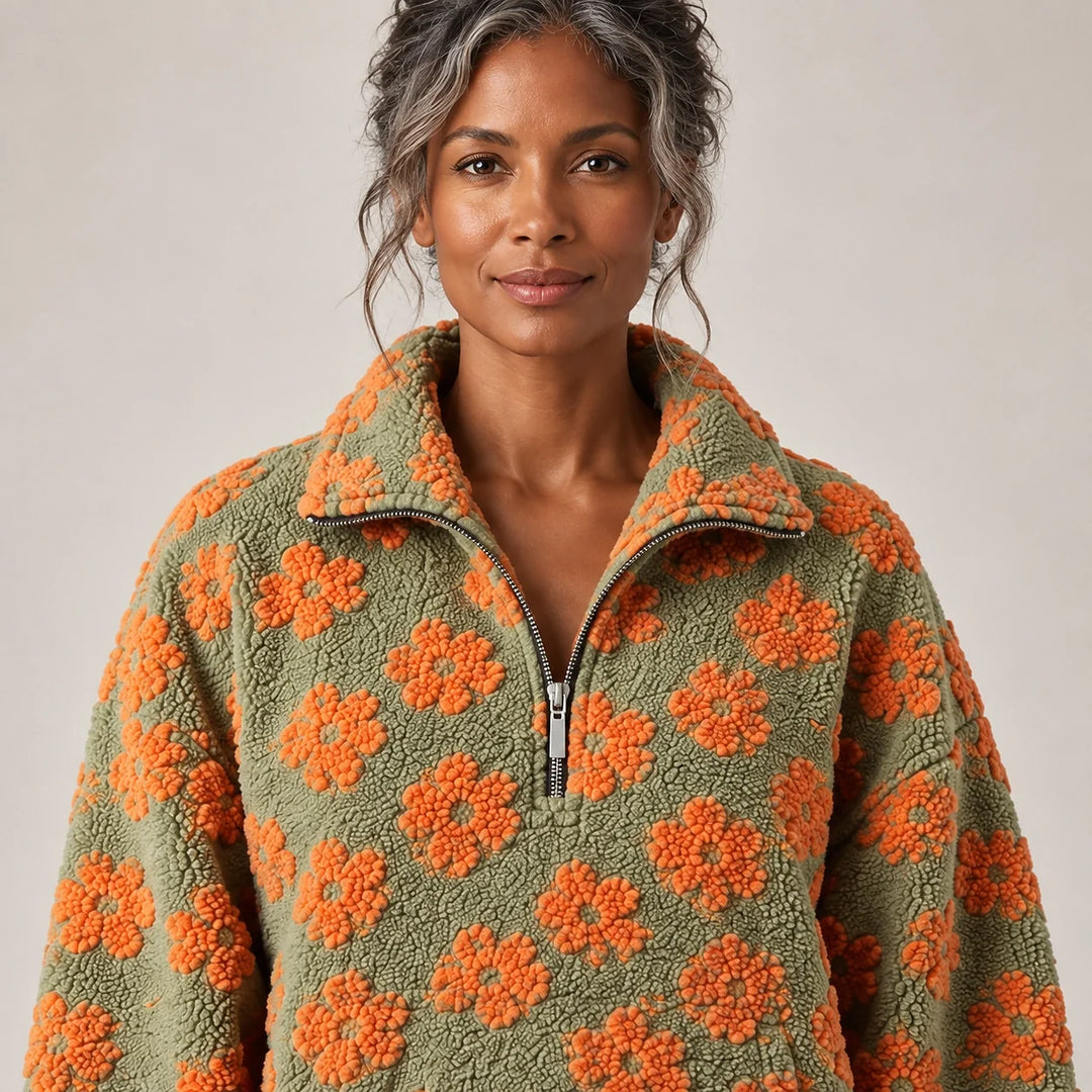 Dulce Floral Fleece Pullover — Olive Floral (apparel detail)