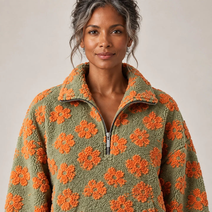 Dulce Floral Fleece Pullover — Olive Floral (apparel detail)