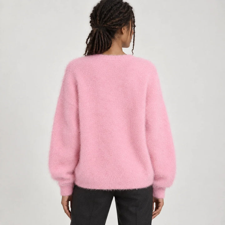 Halvern Fuzzy Knit Cardigan — Pink (apparel back)