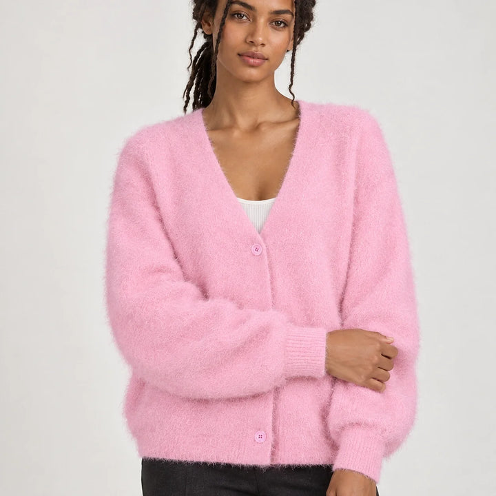 Halvern Fuzzy Knit Cardigan — Pink (apparel detail)