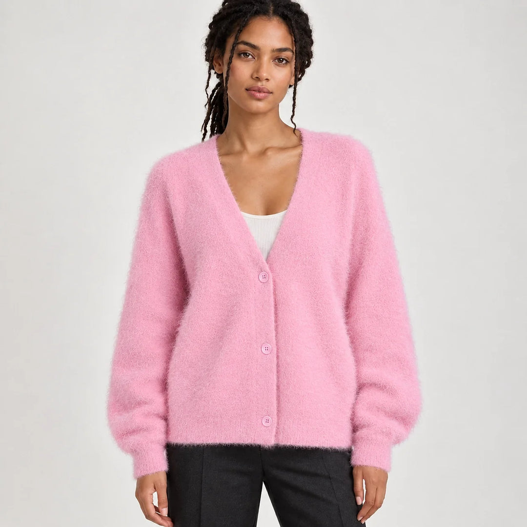 Halvern Fuzzy Knit Cardigan — Pink (apparel front)