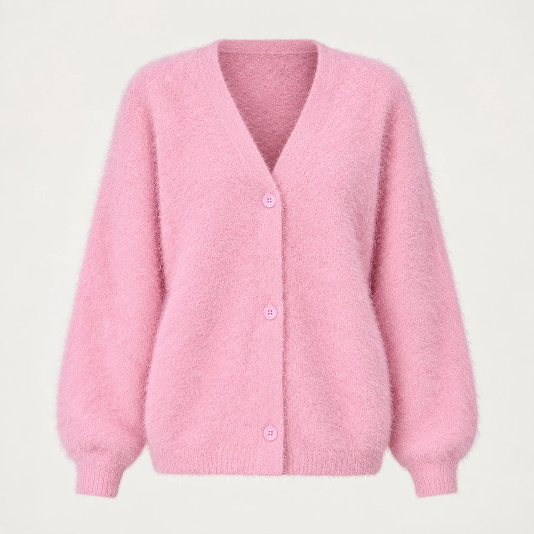 Halvern Fuzzy Knit Cardigan — Pink (apparel solo)