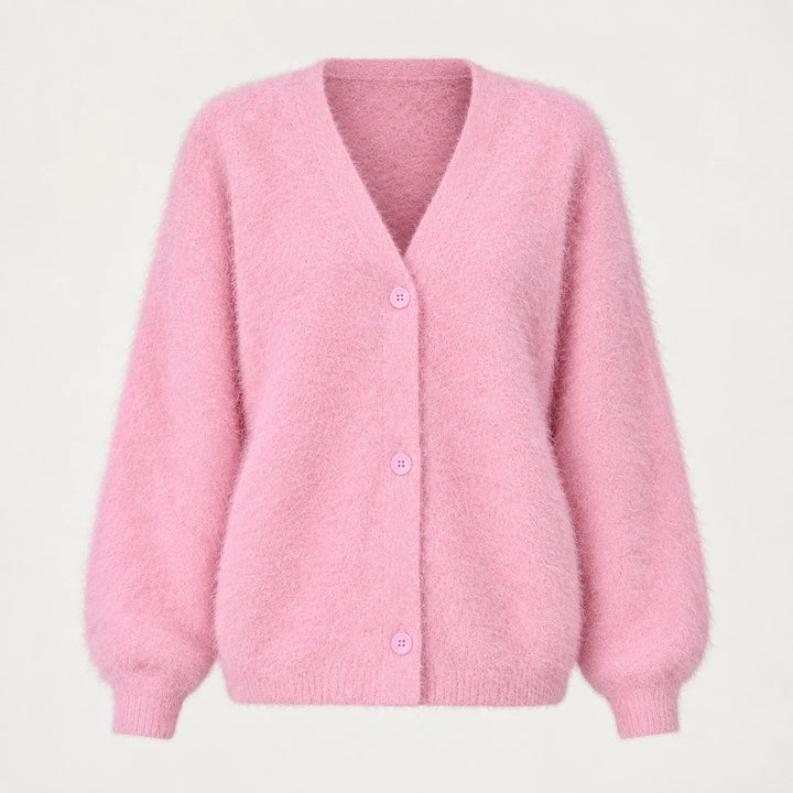Halvern Fuzzy Knit Cardigan — Pink (apparel solo)