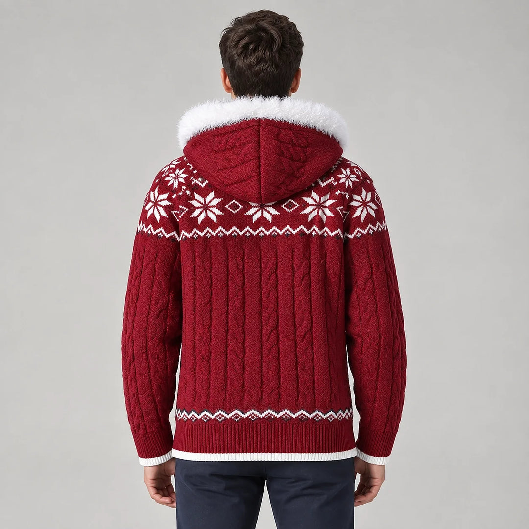 Halvern Cable-Knit Hooded Cardigan — Red (apparel back)