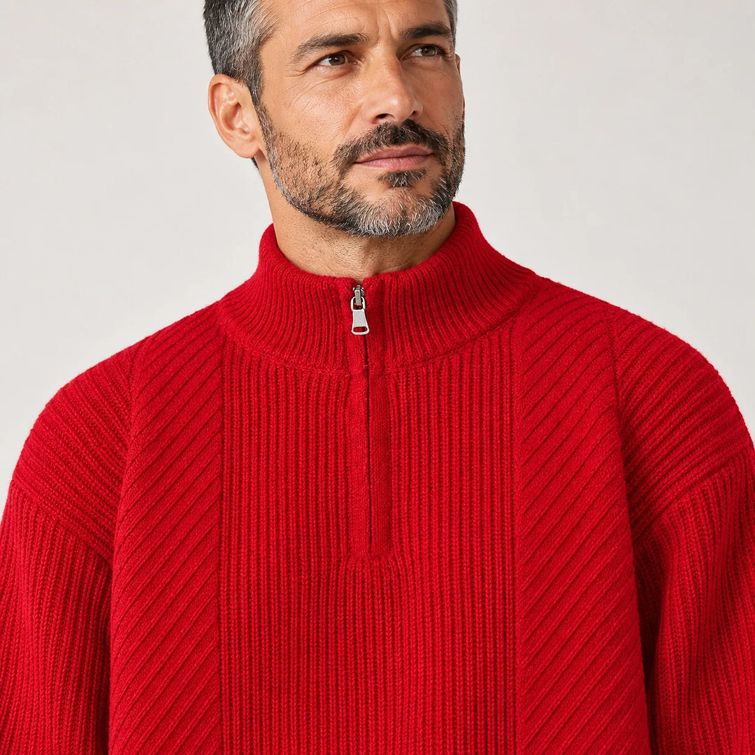Bruthen Ribbed Half-Zip Sweater — Red (apparel detail)