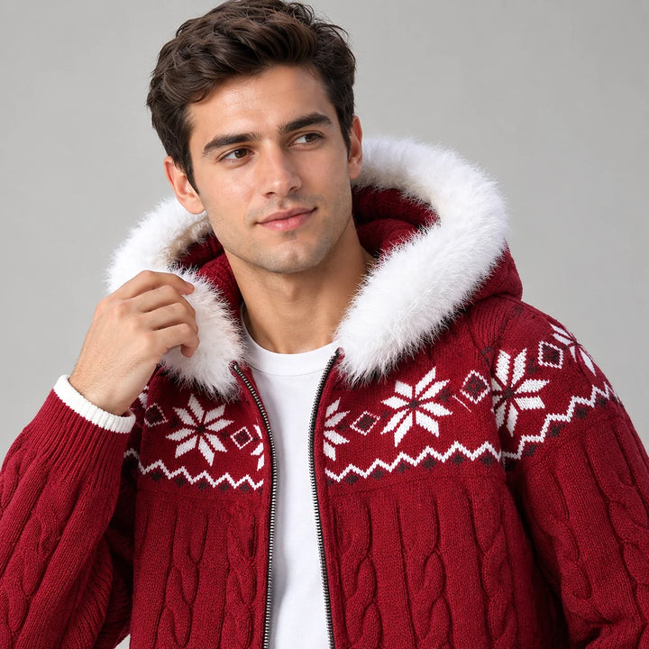 Halvern Cable-Knit Hooded Cardigan — Red (apparel detail)