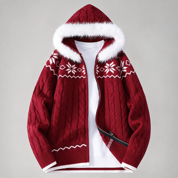 Halvern Cable-Knit Hooded Cardigan — Red (apparel solo)