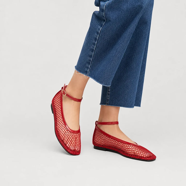 Calla Mesh Ankle Strap Flats — Red (studio with model)