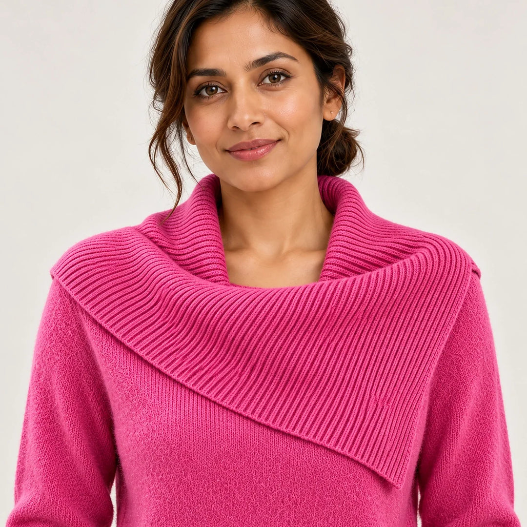 Dorevessa Scarf Collar Sweater — Rose Red (apparel detail)