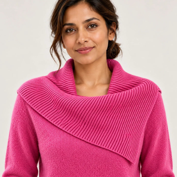 Dorevessa Scarf Collar Sweater — Rose Red (apparel detail)