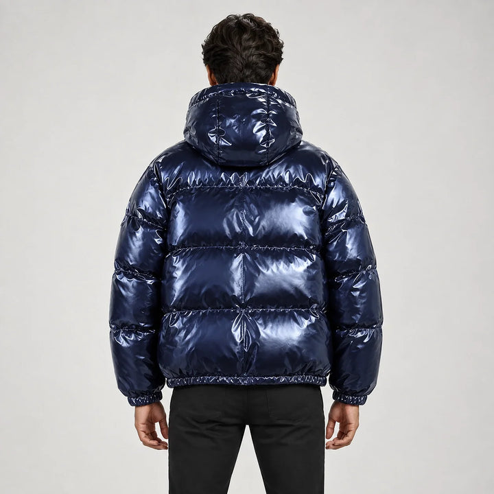 Byrne Glossy Puffer Jacket — Royal Blue (apparel back)