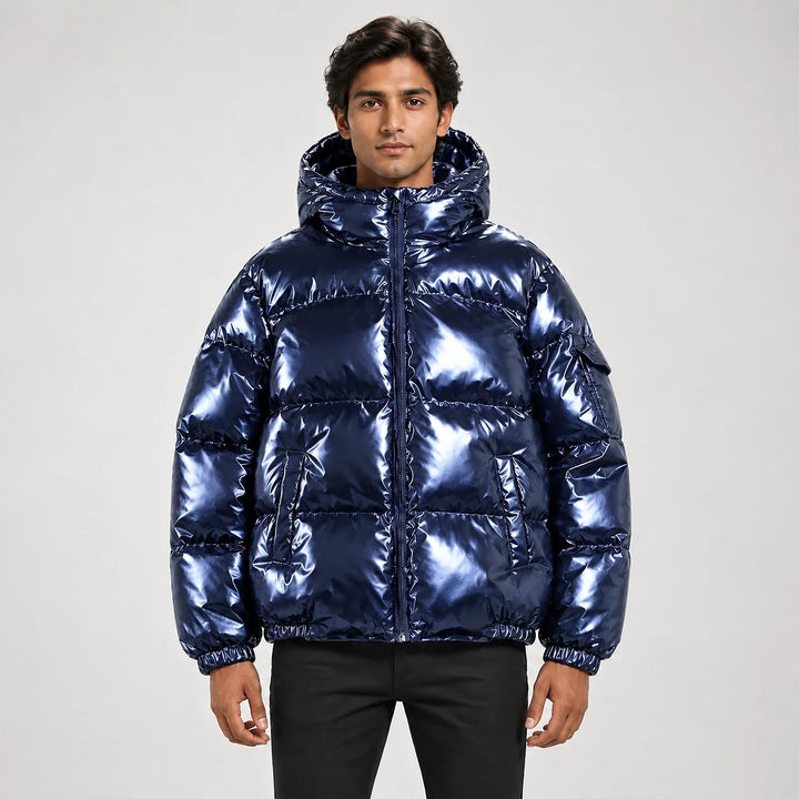 Byrne Glossy Puffer Jacket — Royal Blue (apparel front)