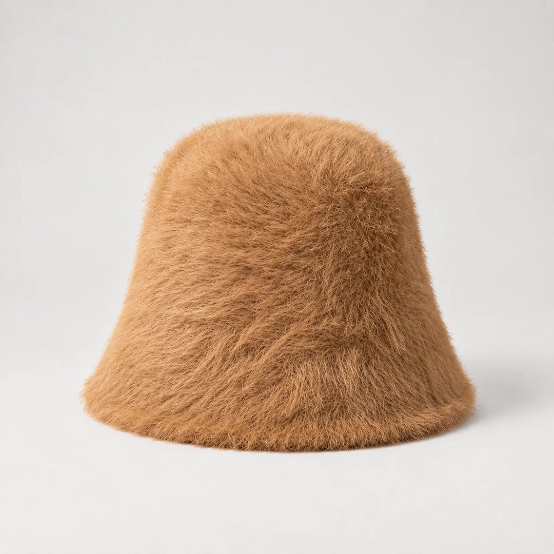 Beloria Rabbit Fur Bucket Hat — Short Rabbit Fur Basin Hat-camel (headwear solo front)