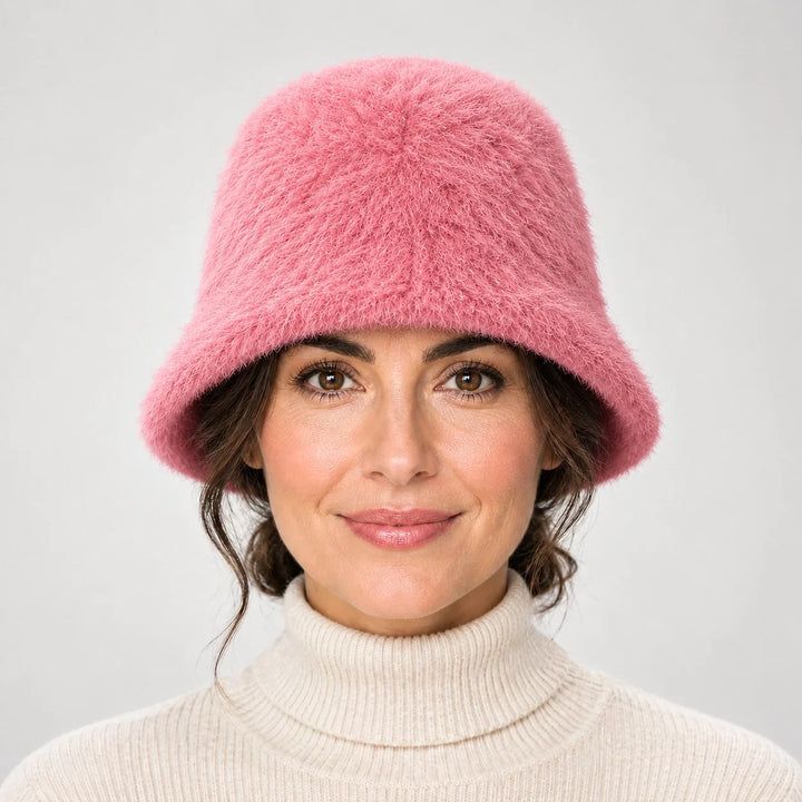 Beloria Rabbit Fur Bucket Hat — Short Rabbit Fur Basin Hat-pink (headwear model front)