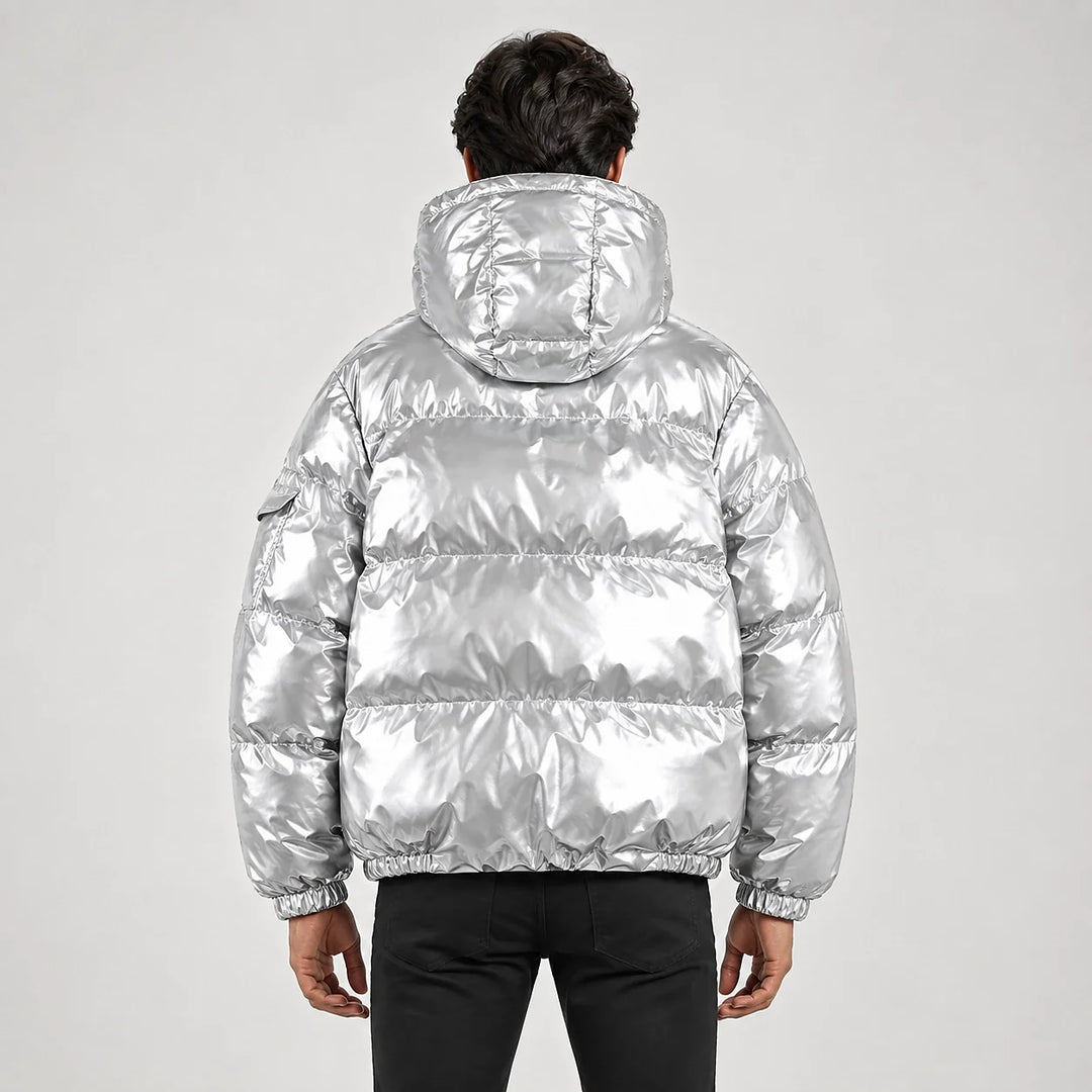 Byrne Glossy Puffer Jacket — Silver (apparel back)