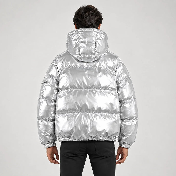 Byrne Glossy Puffer Jacket — Silver (apparel back)