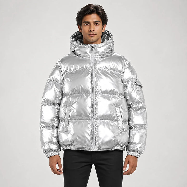 Byrne Glossy Puffer Jacket — Silver (apparel front)