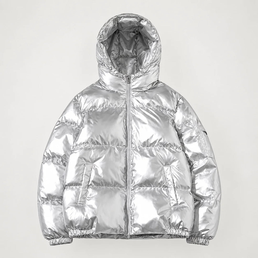 Byrne Glossy Puffer Jacket — Silver (apparel solo)