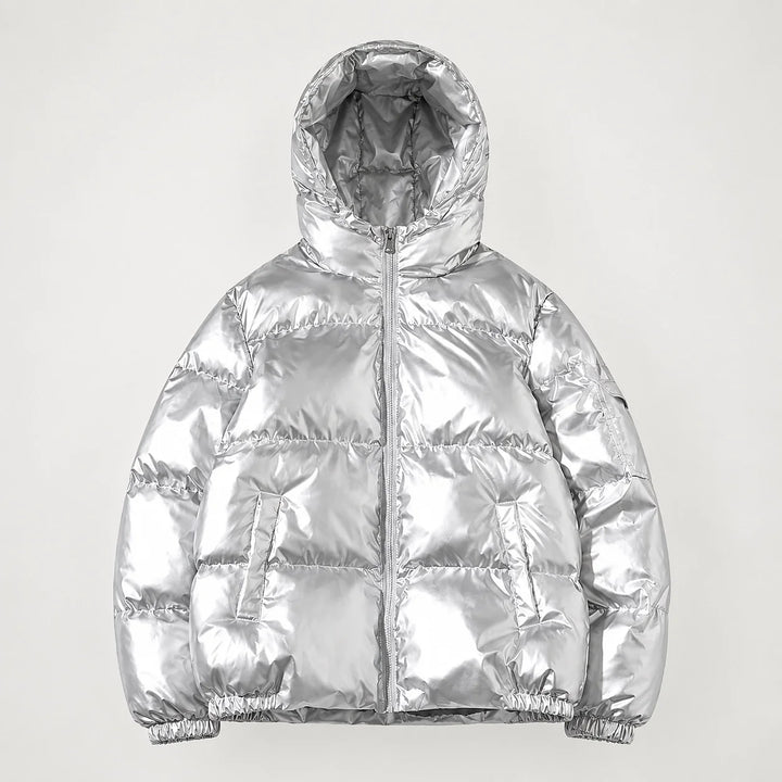 Byrne Glossy Puffer Jacket — Silver (apparel solo)