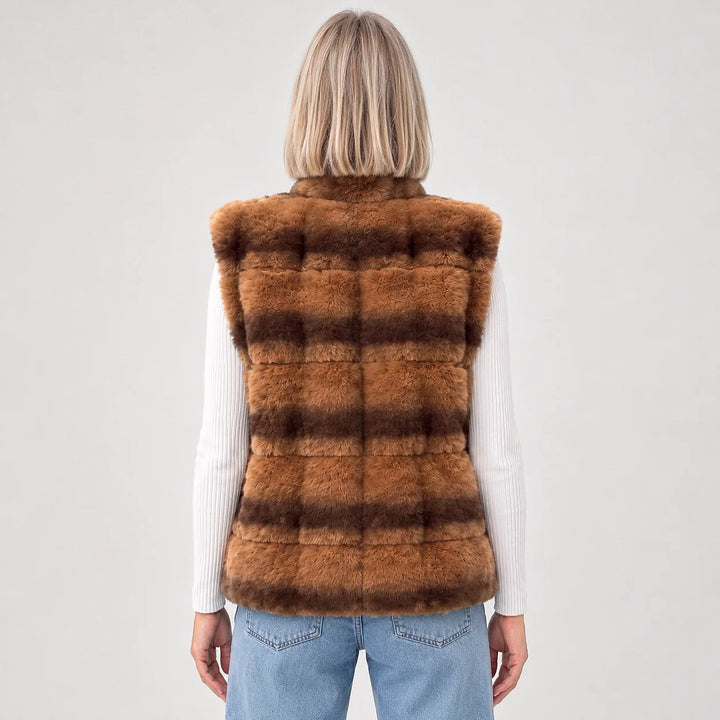 Belara Striped Faux Fur Vest — Tan (apparel back)
