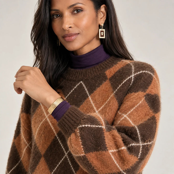 Halwyn Argyle Knit Sweater — Tan Argyle (apparel detail)