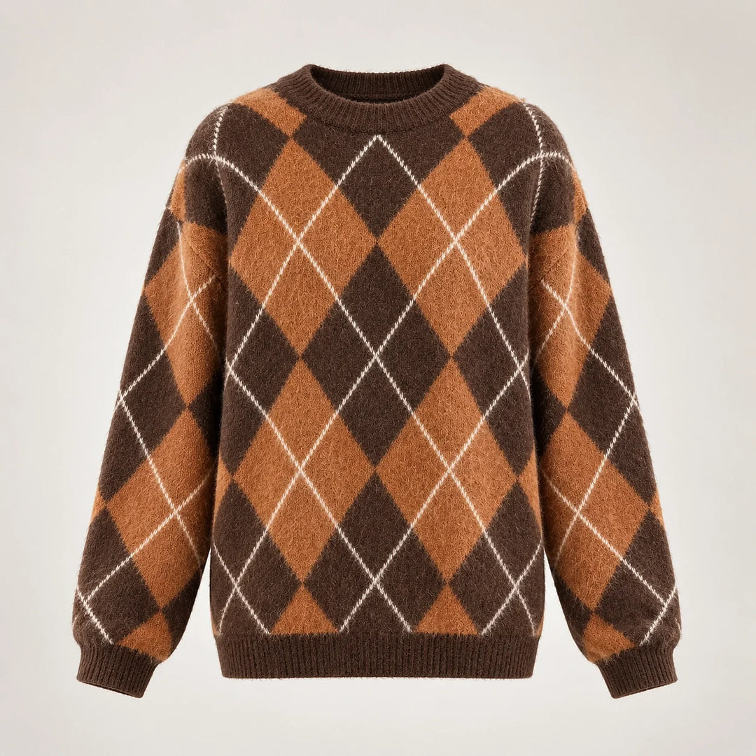 Halwyn Argyle Knit Sweater — Tan Argyle (apparel solo)