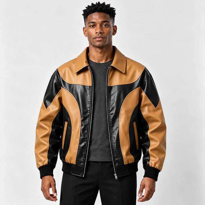 Dovek Leather Bomber Jacket — Tan & Black (apparel front)