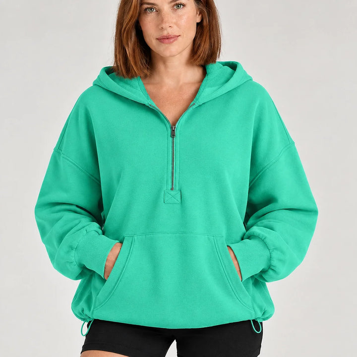 Brelyn Oversized Half-Zip Hoodie — Turquoise (apparel detail)