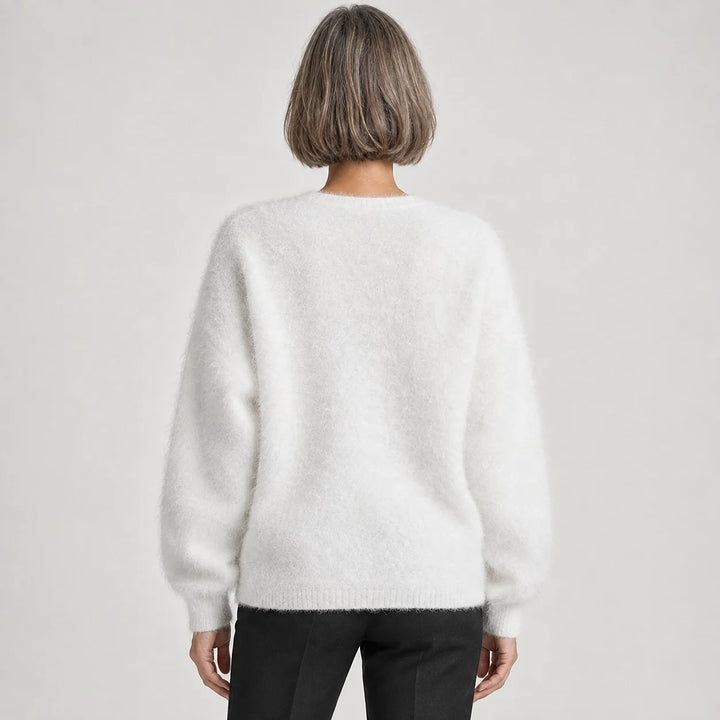 Halvern Fuzzy Knit Cardigan — White (apparel back)