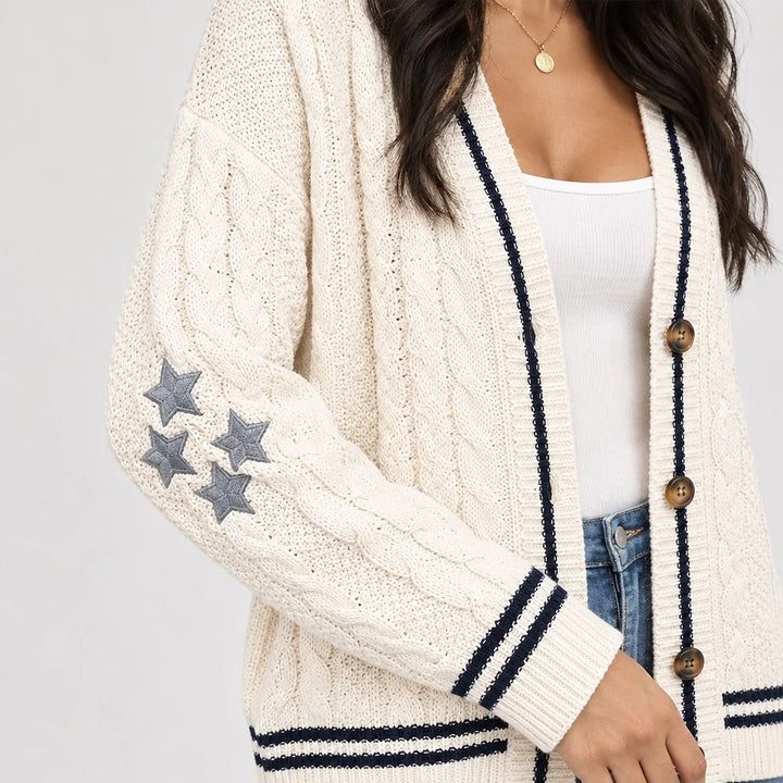 Delwyn Cable-Knit Star Cardigan — White (apparel detail)