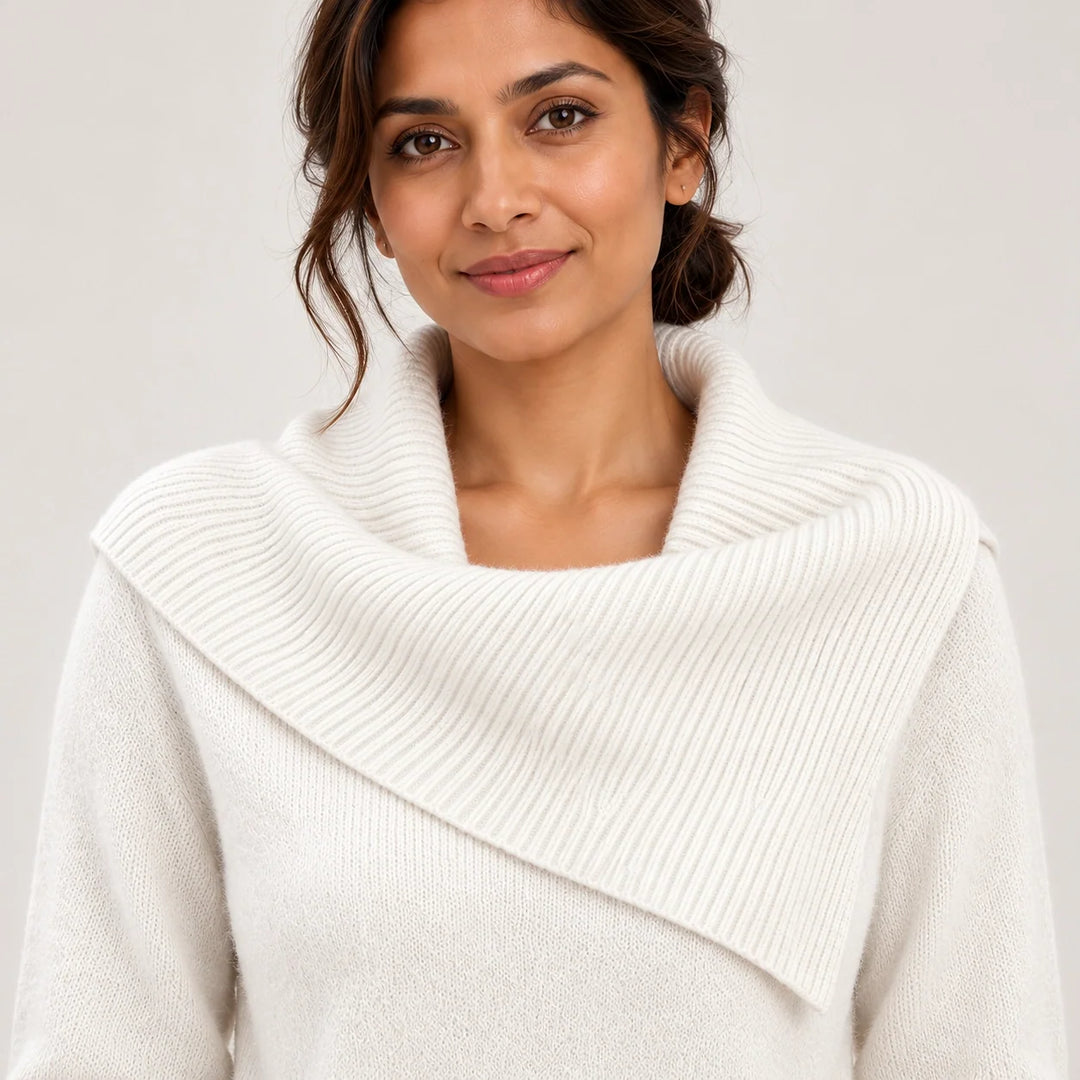 Dorevessa Scarf Collar Sweater — White (apparel detail)
