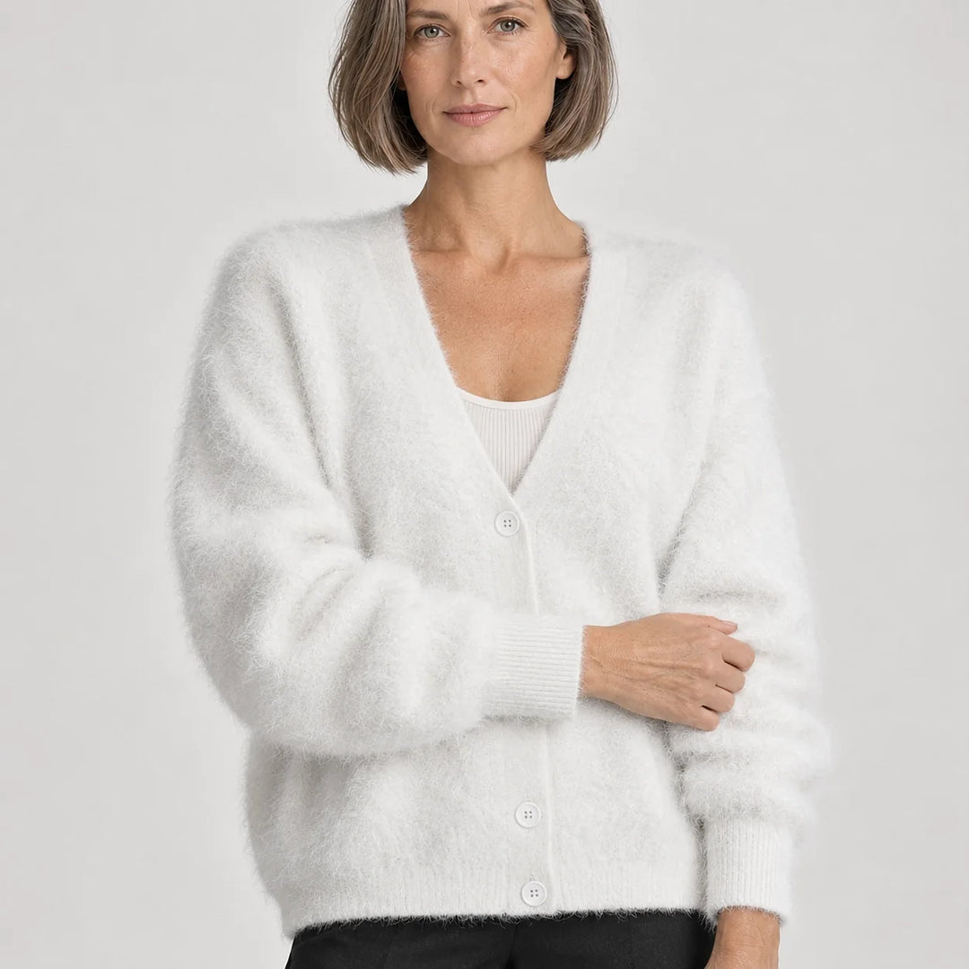 Halvern Fuzzy Knit Cardigan — White (apparel detail)