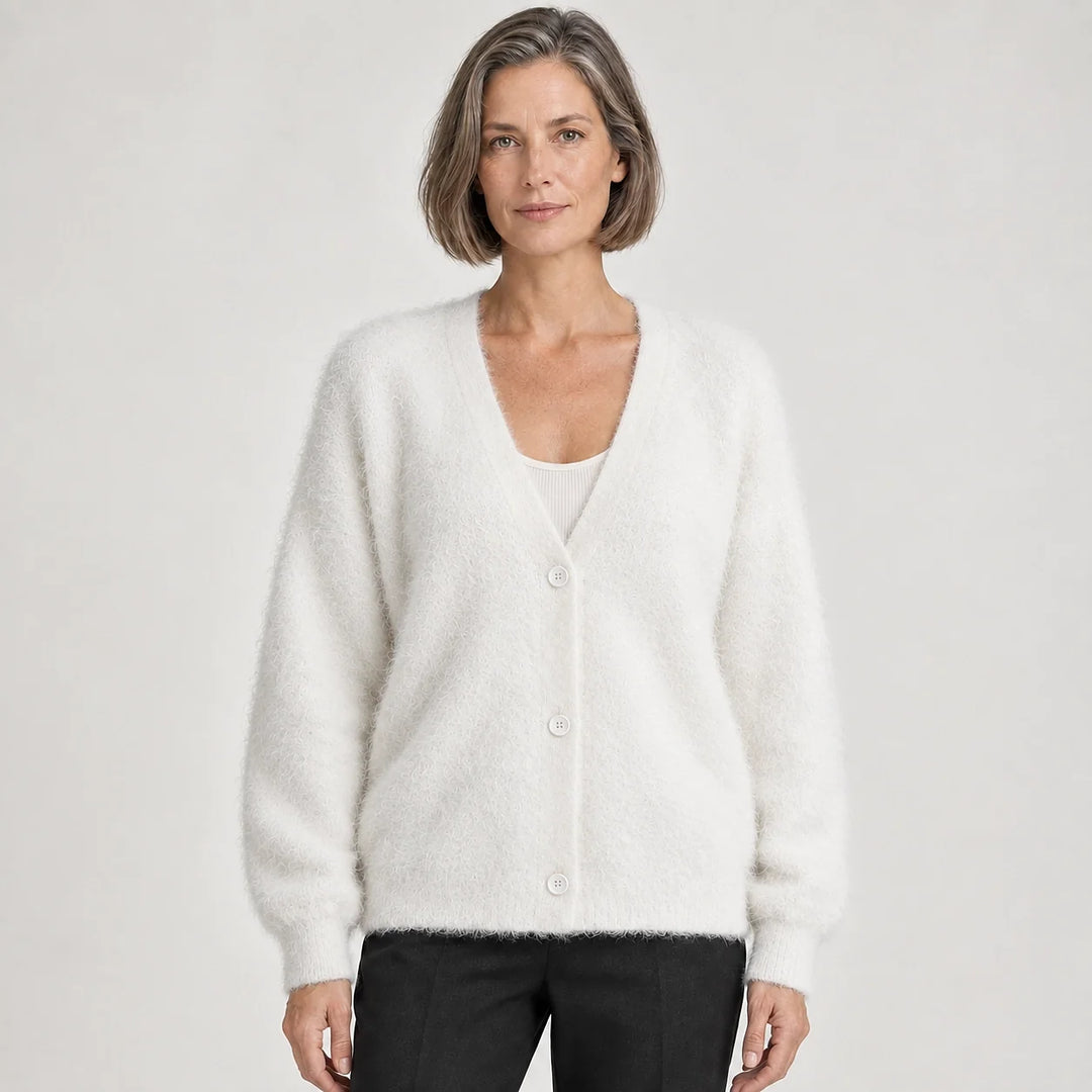 Halvern Fuzzy Knit Cardigan — White (apparel front)