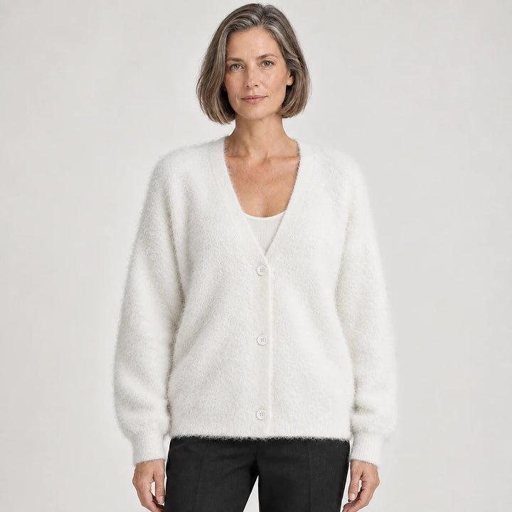 Halvern Fuzzy Knit Cardigan — White (apparel front)