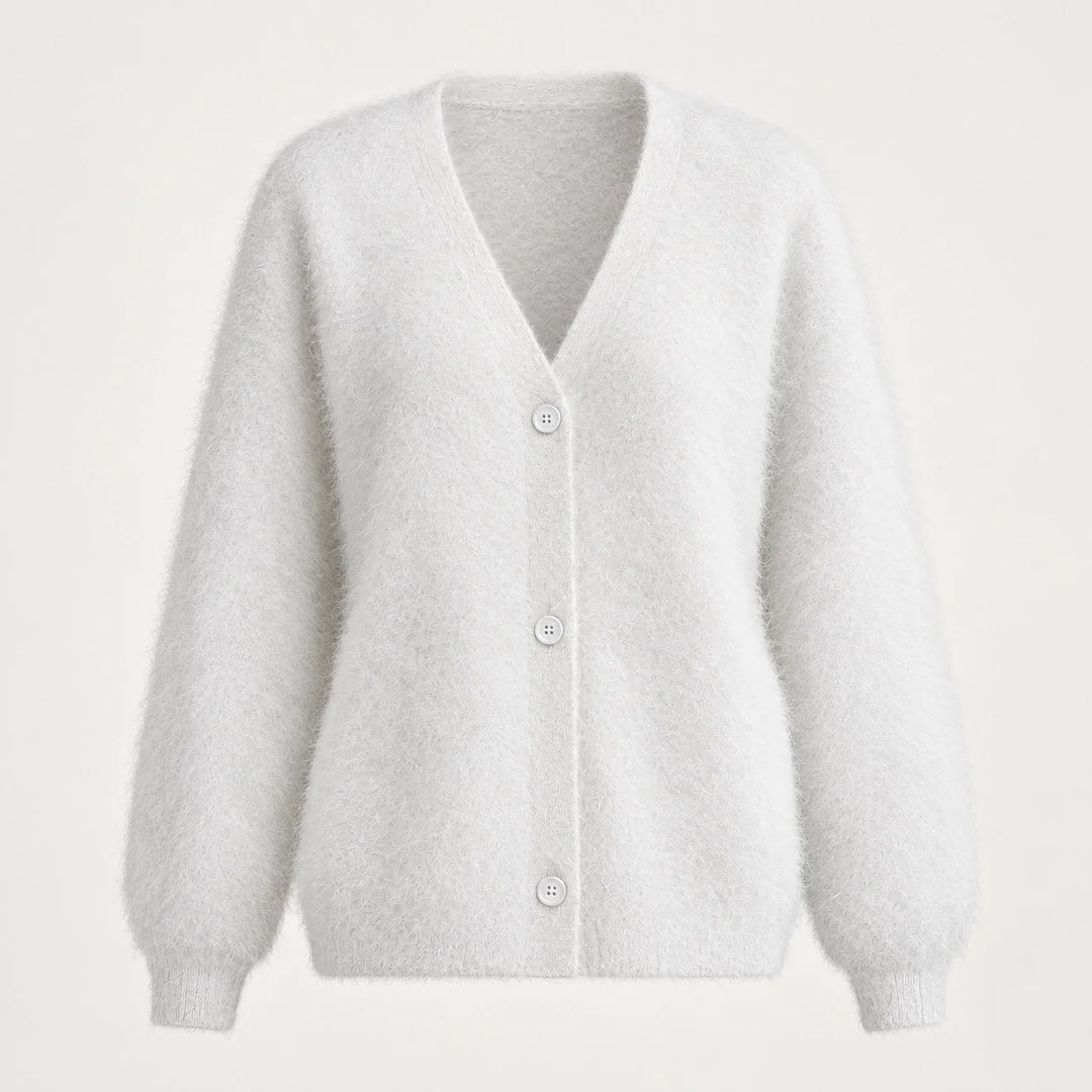 Halvern Fuzzy Knit Cardigan — White (apparel solo)