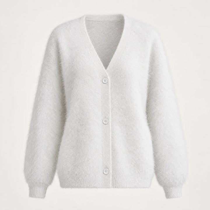 Halvern Fuzzy Knit Cardigan — White (apparel solo)