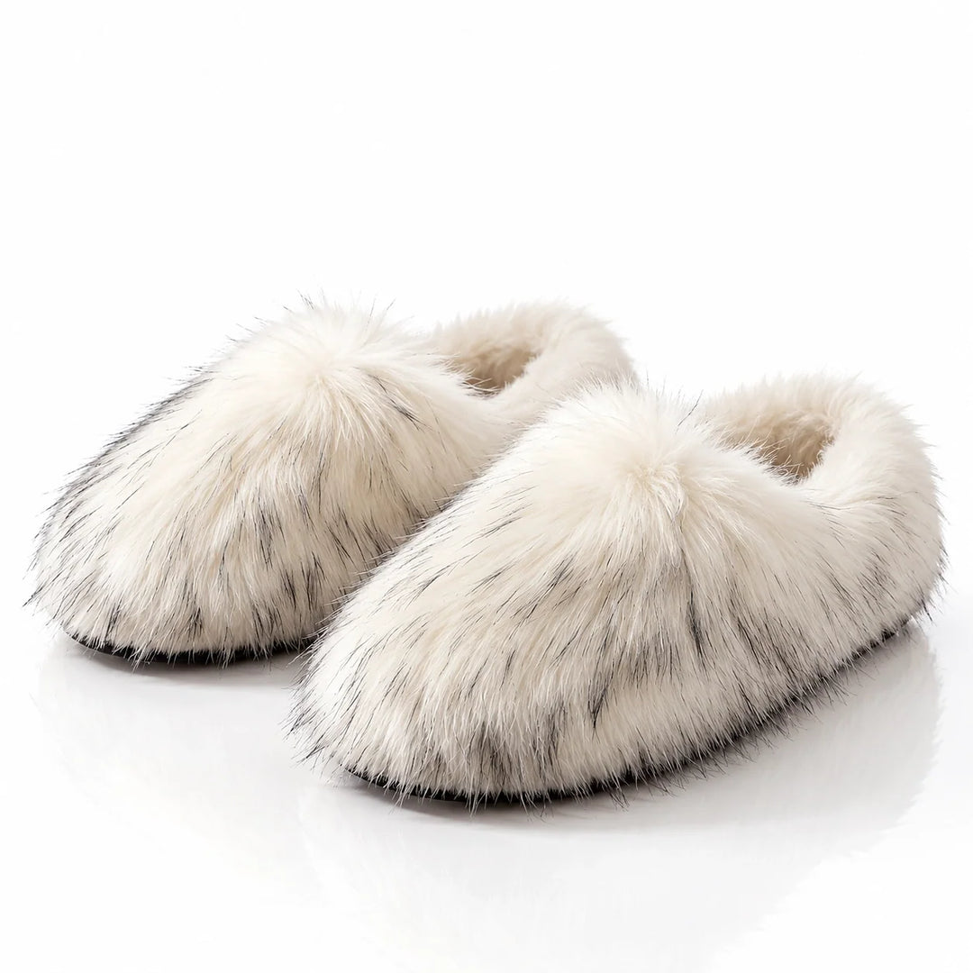 Fioravessa Plush Slippers — White Base With Black Tips (imitation Raccoon Fur) (womens shoe hero)