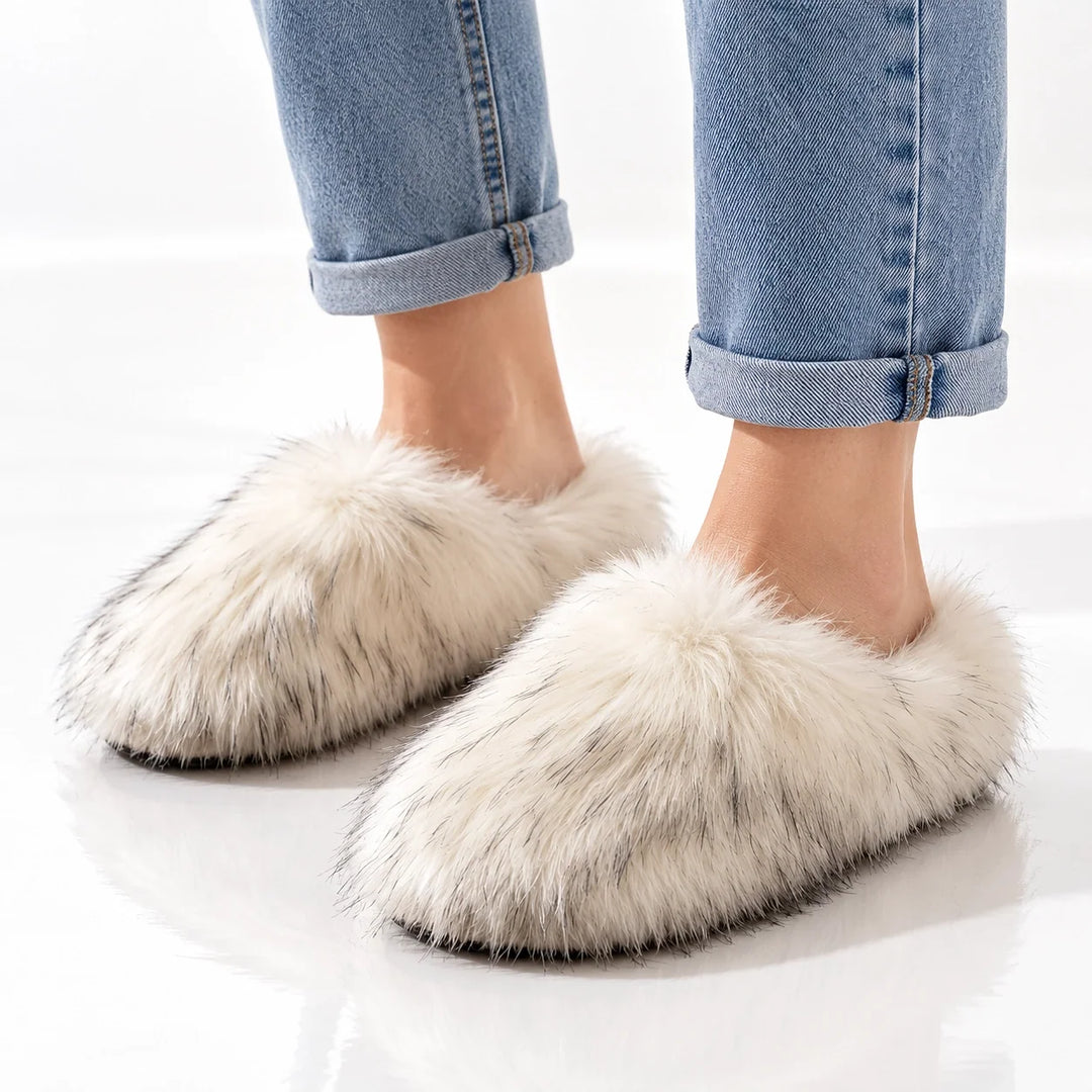 Fioravessa Plush Slippers — White Base With Black Tips (imitation Raccoon Fur) (womens shoe worn)