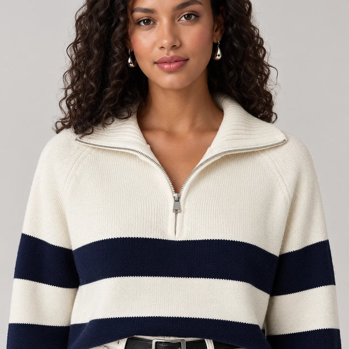 Delrow Striped Half-Zip Sweater — White Stripes (apparel detail)