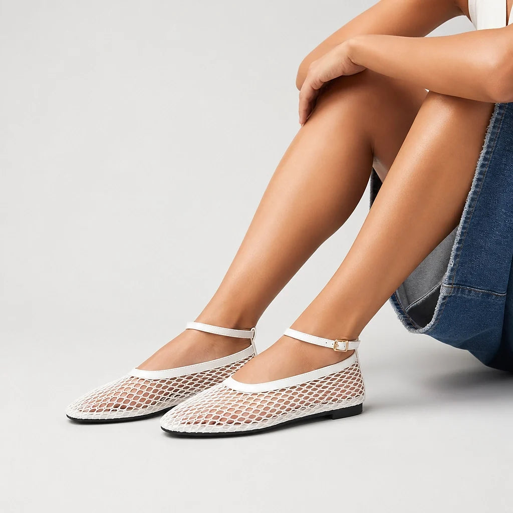 Calla Mesh Ankle Strap Flats — White (studio with model)