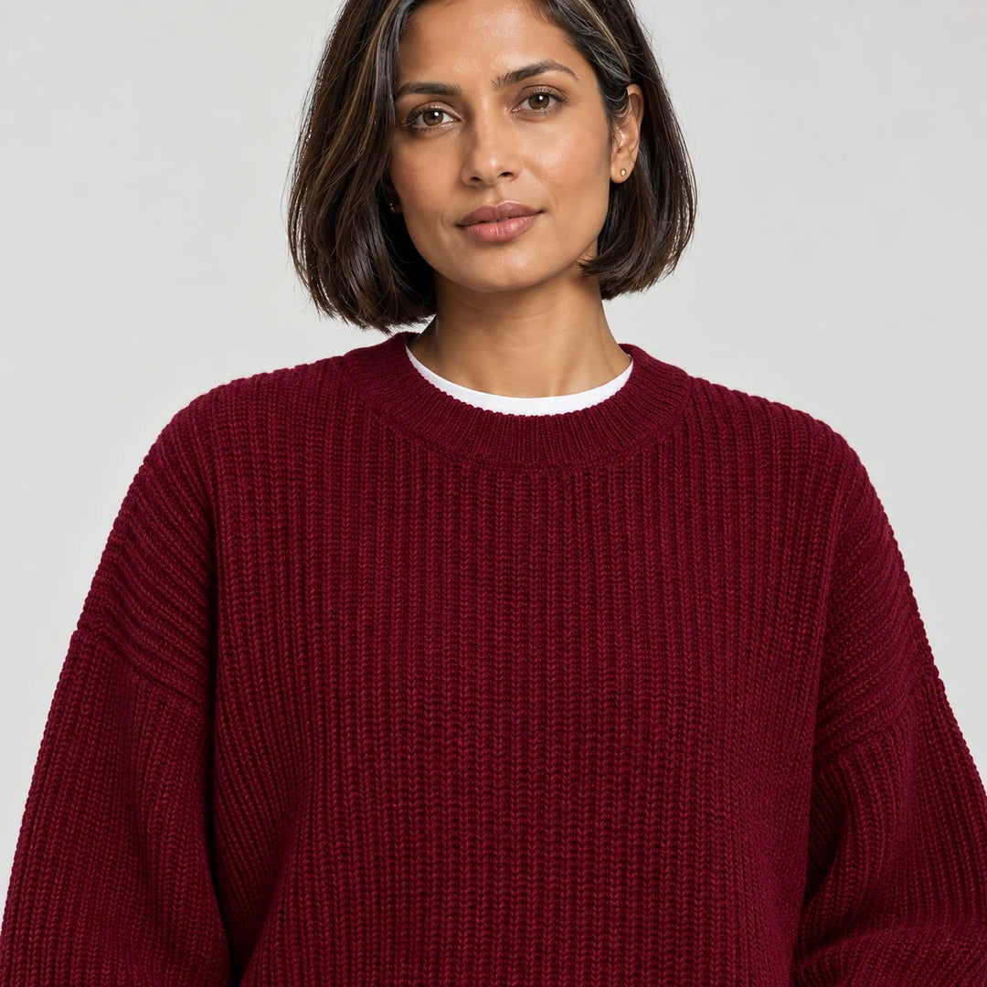 Brynn Ribbed Knit Sweater — Wine Red (apparel detail)