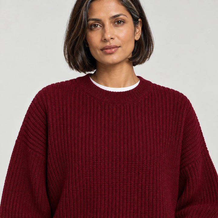Brynn Ribbed Knit Sweater — Wine Red (apparel detail)