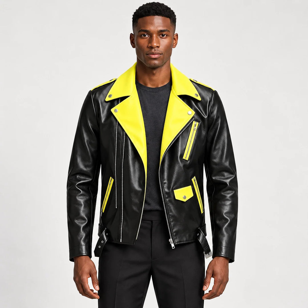Marovienne Leather Biker Jacket — Yellow (apparel front)